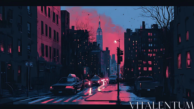 Neon-soaked city street frames distant tower at dusk.