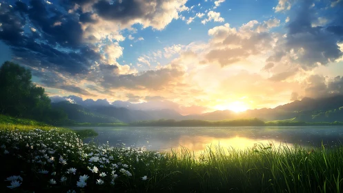 Spectral sunrise over alpine lake with detailed atmospheric scattering.