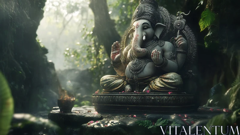 Gentle Ganesh statue glowing quietly in a misty jungle.