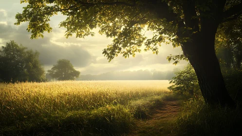 Sunlit country field borders shaded woodland path at dawn