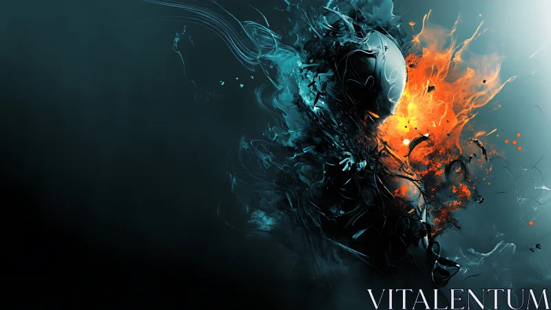 Abstract cybernetic figure fractures in dual fire and ice