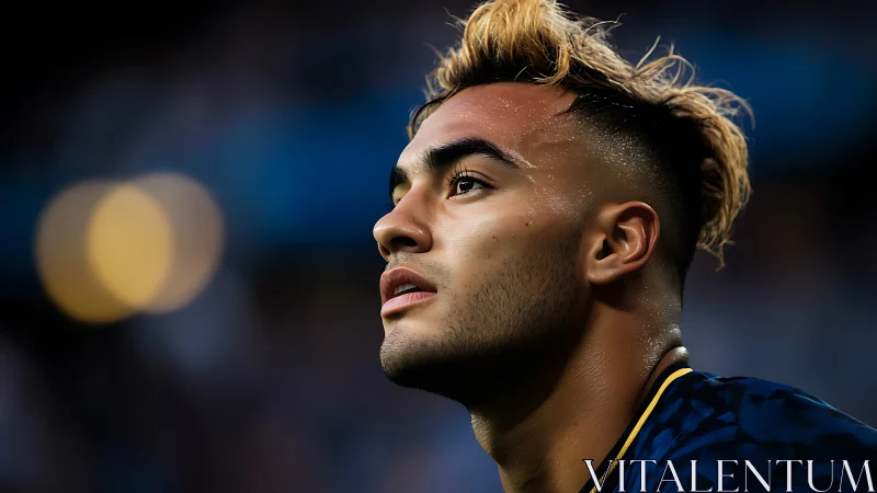 Floodlit focus frames a determined footballer’s rising gaze