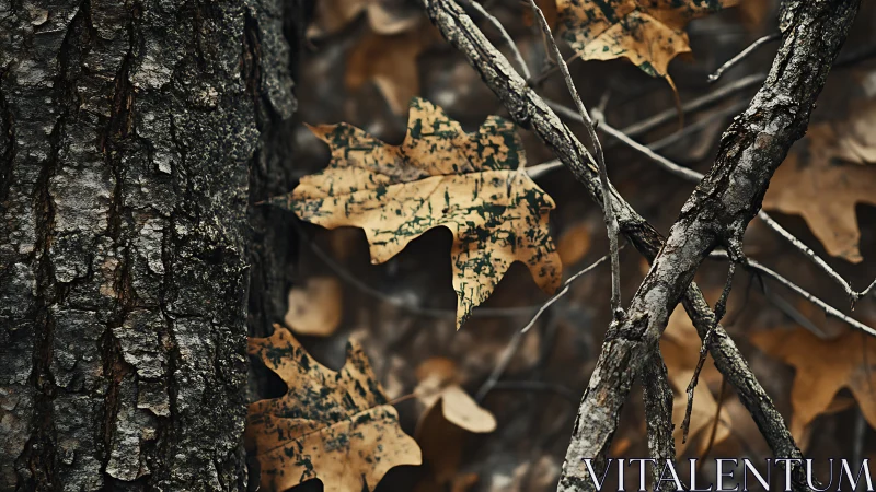 Textured oak bark and fallen leaves in muted autumn palette.