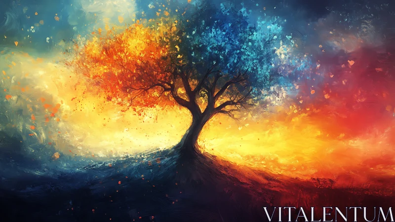 Symbolic dual-season tree in vibrant abstract landscape.