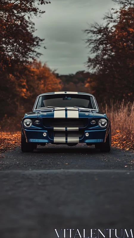 Classic blue muscle car aligns with autumnal roadway symmetrically