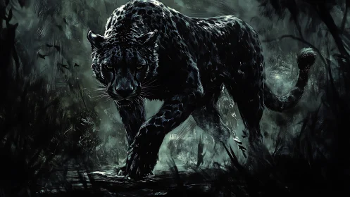 Dark-furred carnivoran predator rendered in monochromatic digital illustration.