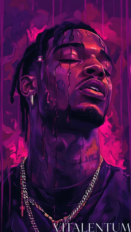 Male portrait shows stylized dripping face in neon purple light
