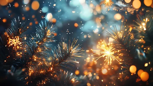 Glowing winter pine branches sparkle with soft festive lights