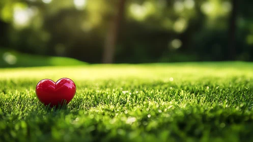 Crimson heart rests on vibrant green grass with bokeh background