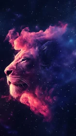 Celestial lion portrait emerging from neon cosmic nebula.