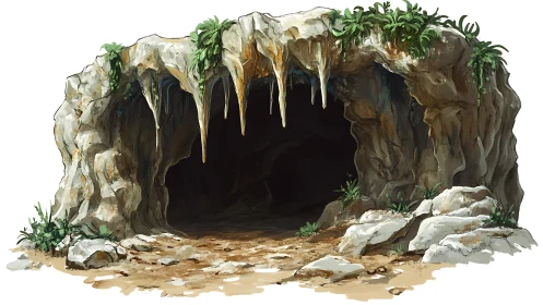 Rocky cave entrance with stalactites and sparse vegetation detail