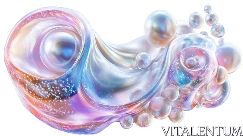 Iridescent abstract fluid form with luminous bubbles.