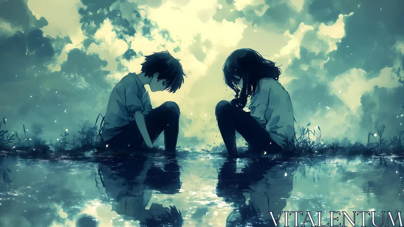 Two pensive youths sit by reflective water under stormy sky