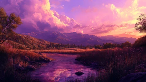 Spectral dusk over riparian valley with volumetric cloudforms.