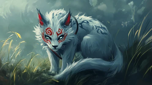 White fox spirit with red markings in misty grassland.