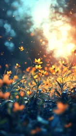 Backlit wildflowers glow against cool bokeh dusk field