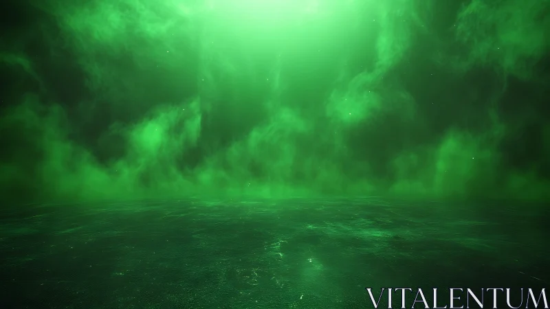 Volumetric green nebula haze above reflective procedural floor