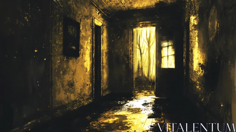 Abandoned corridor glows with eerie golden forest light.