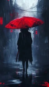 Silhouetted wanderer beneath crimson umbrella in neon rain.