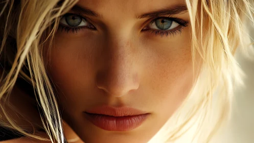 Sunlit blue gaze framed by tousled blonde summer hair.