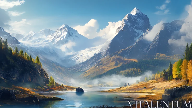 Digital alpine lake vista under towering snow peaks.