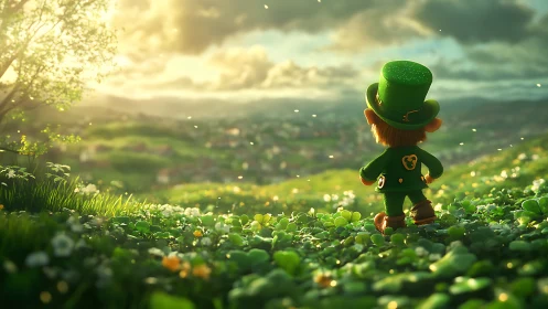 Leprechaun overlooks sunlit clover valley at golden hour.