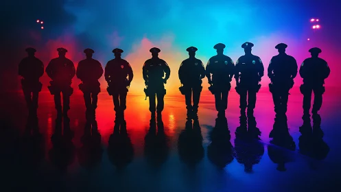 Silhouetted police officers stand aligned under colored lights