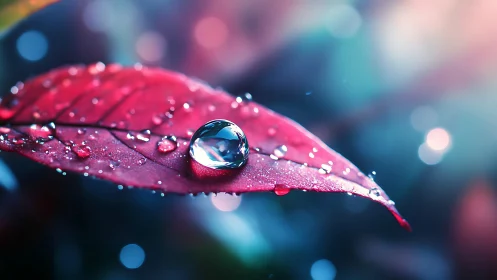 Macro water droplet resting on vivid red leaf surface.