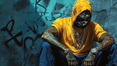 Hooded street outlaw rests against a gritty graffiti wall