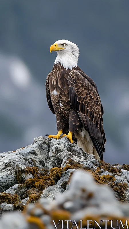 Telephoto wildlife study of perched bald eagle on coastal rock.