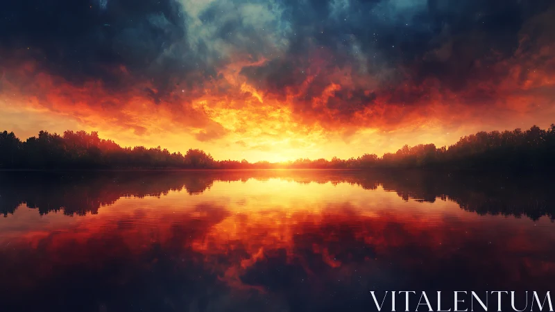 Fiery sunset sky blazes over tranquil mirrorlike forest lake