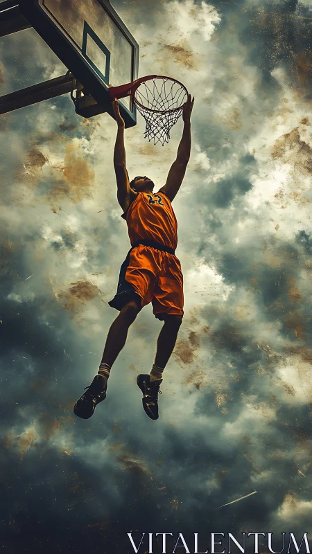 Soaring basketball player reaches for the rim against stormy sky