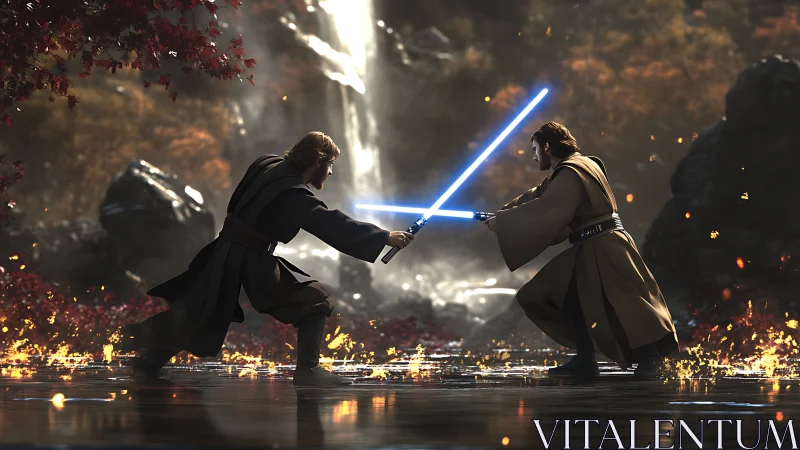 Jedi duel ignites reflective forest stream beneath waterfall