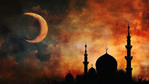 Golden crescent moon over peaceful mosque skyline at dusk.