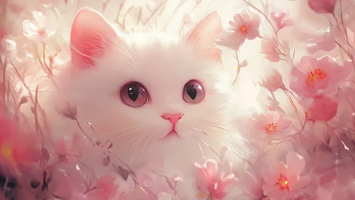 White Cat with Pink Eyes in Floral Garden.