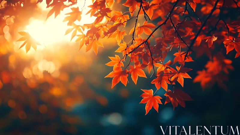 Backlit maple foliage in warm autumn bokeh composition.