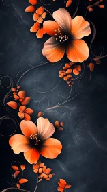Orange hibiscus flowers rendered on dark textured background with botanical elements