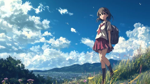 Anime schoolgirl on hillside above town under bright sky.