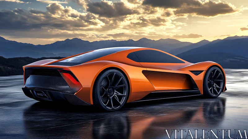 Orange electric hypercar cuts through reflective mountain dusk.