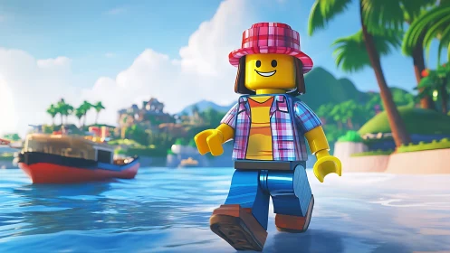 Smiling Lego traveler enjoying a sunny, laid‑back beach day.