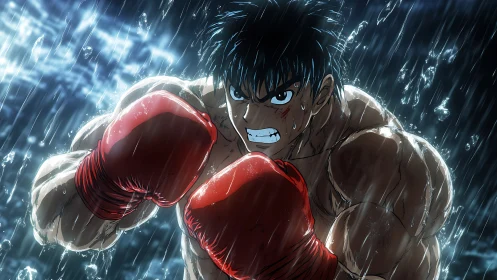 Intense Boxer in Combat Stance Under Rain