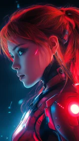 Side-lit cybernetic pilot in red exosuit with neon rim lighting