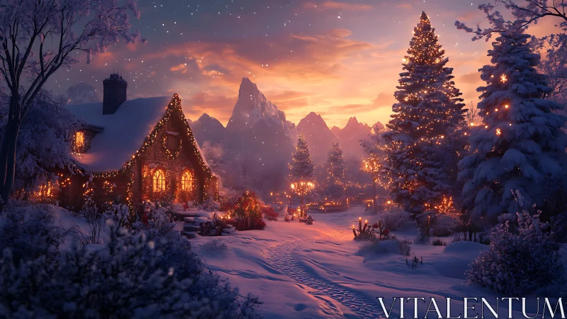 Snowy Christmas cottage under glowing winter sunset.