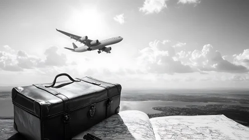 Monochrome airliner over coastal landscape with suitcase and map