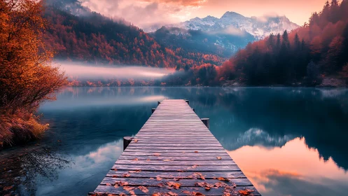 Autumn lakeside jetty leads toward misty alpine peaks at dawn