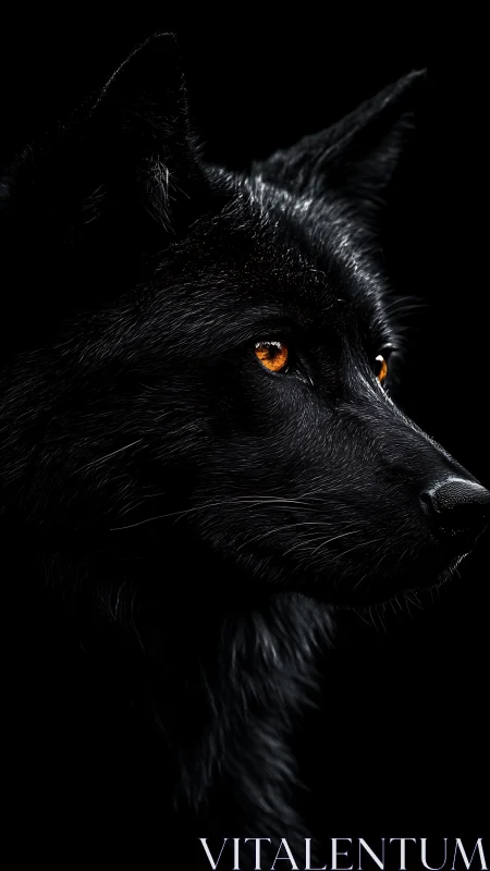 Black wolf portrait with luminous amber eyes, deep shadow.