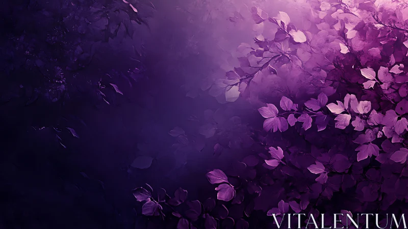 Purple Foliage Cascade Illuminated Against Darkness.