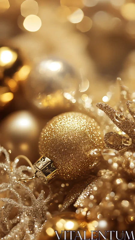 Glittering gold Christmas baubles glow in soft festive light