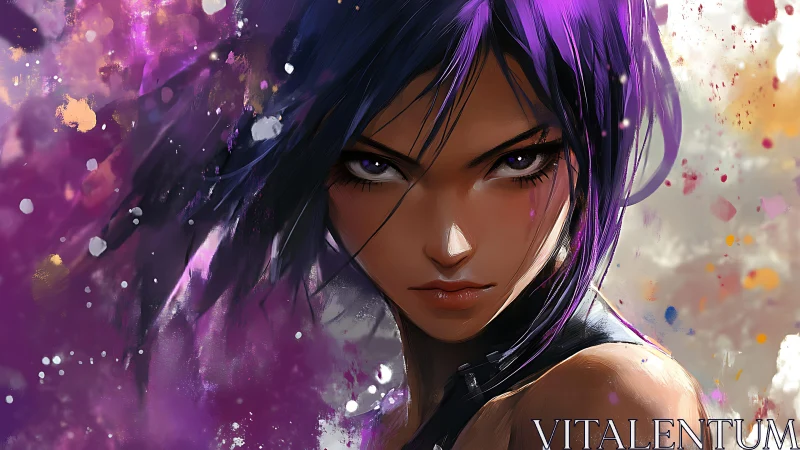 Digital portrait shows purple haired figure against abstract field