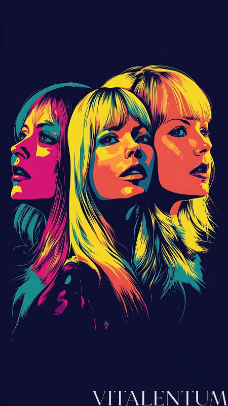 Neon pop portrait triptych with vivid flowing hair silhouettes.